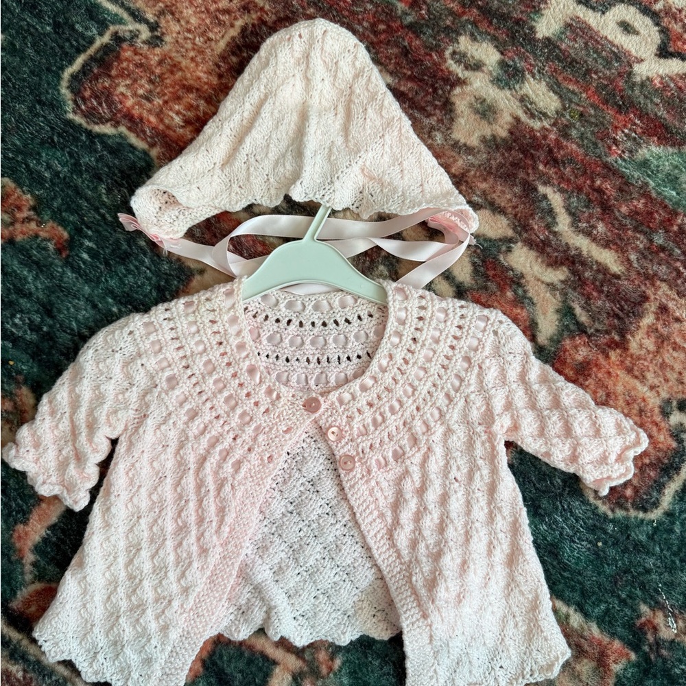 Charming Pink Knit Baby Cardigan and Bonnet